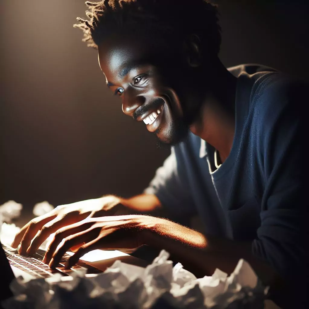 A young, smiling man of African Ethnicity sitting in front of a laptop