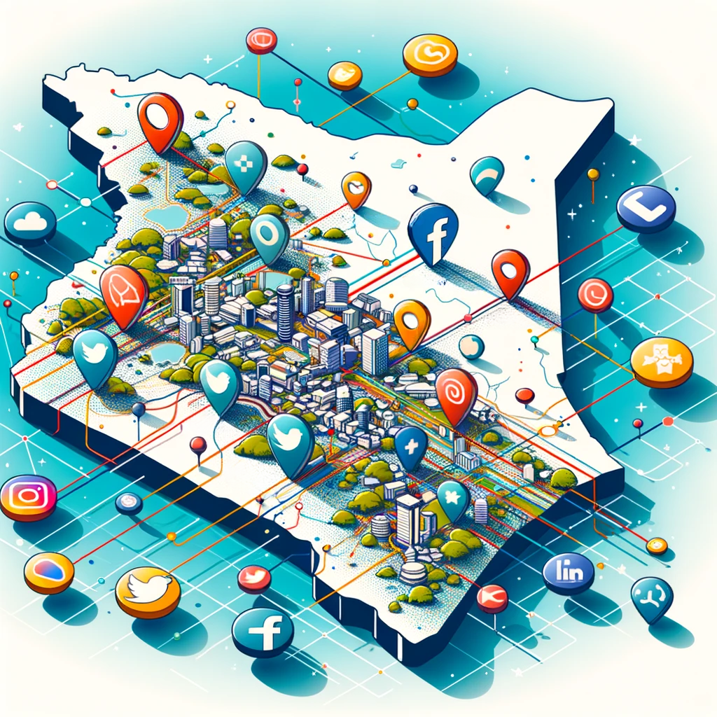 A vector illustration showcasing a geographically accurate outline of Kenya, overlaid with dynamic network lines and social media icons connecting key cities such as Nairobi, Mombasa, Kisumu, and Eldoret. The lines symbolize digital communication and connectivity, while interspersed social media icons for Facebook, Twitter, Instagram, and LinkedIn represent the widespread reach of digital marketing across the country. The illustration uses a vibrant color palette against a clean background, ensuring focus on the map and the connections, and effectively portraying the nation's digital landscape.