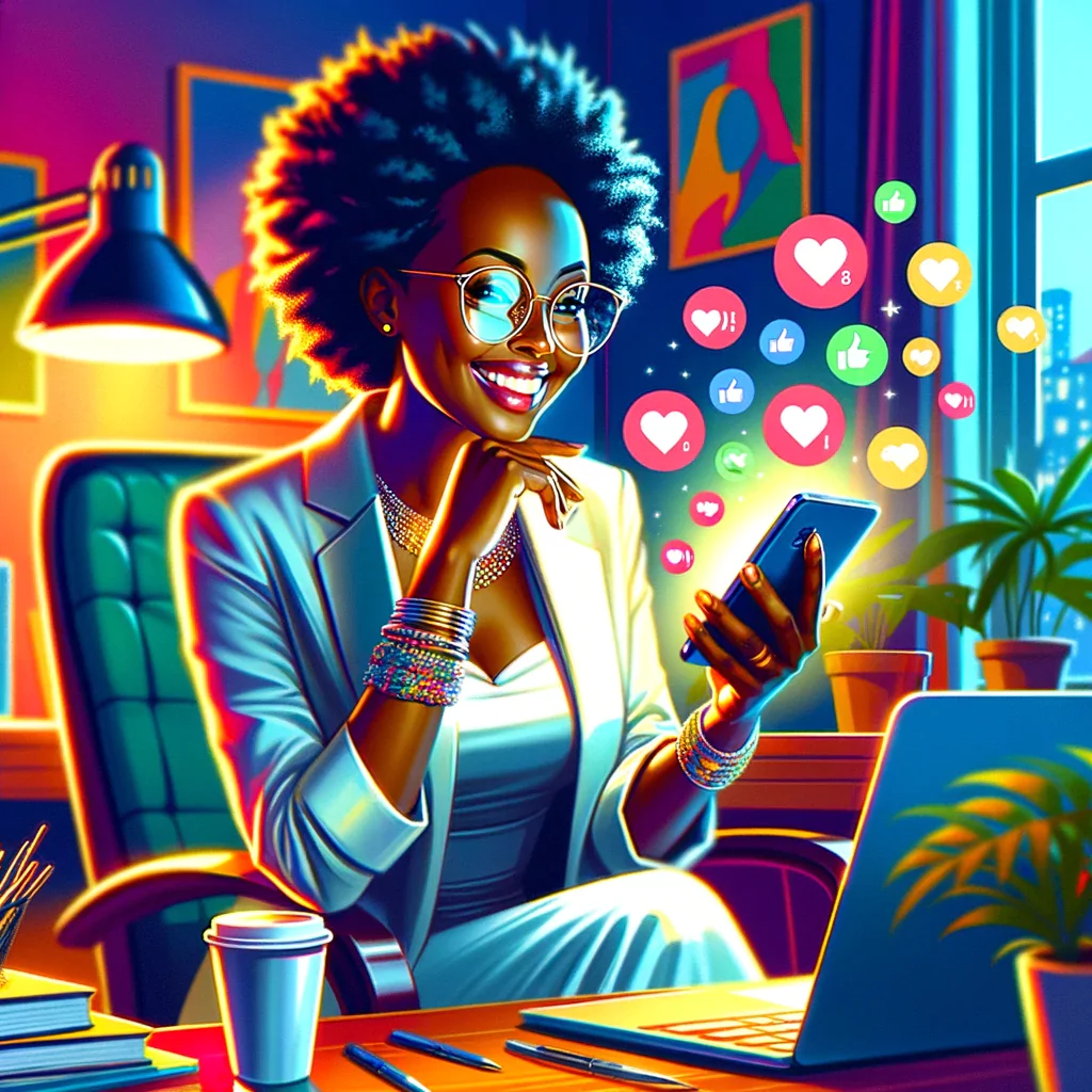 illustration of a radiant Kenyan woman, dressed in professional attire and stylish glasses, sits at a tidy desk in a well-lit office. She is engrossed in her smartphone, managing social media posts, while her laptop and a steaming cup of coffee nearby signify a blend of modern technology and tradition. The foreground is lively with colorful icons of thumbs-up, hearts, and comment bubbles, indicating high engagement on her posts. Her expression conveys satisfaction and joy, encapsulating the vibrant energy of digital marketing in Kenya.