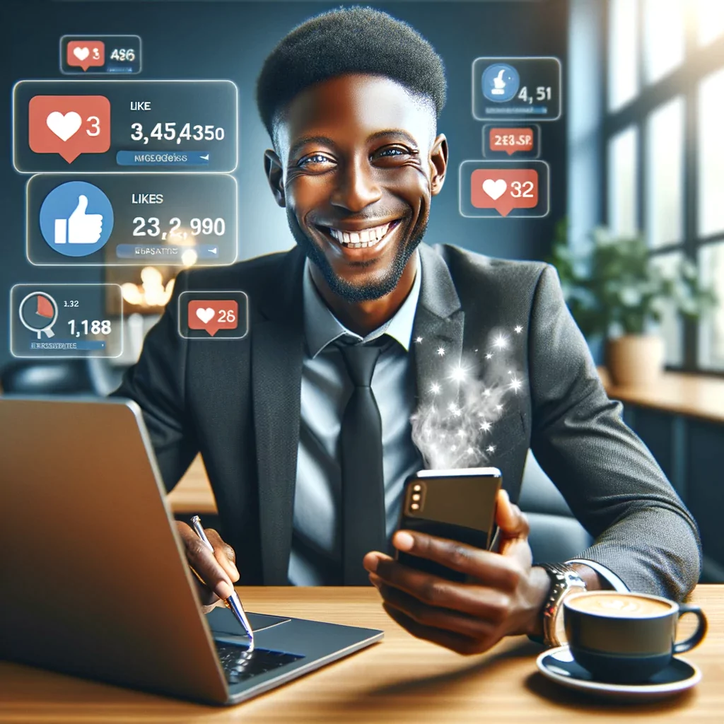 A vibrant photo capturing a good-looking Kenyan man seated in a modern, well-lit office, expressing excitement over his successful digital marketing campaign. He sits in front of a sleek laptop, holding a smartphone that displays positive engagement metrics. The desk is neatly arranged with a steaming cup of coffee. Social media icons, indicative of likes and engagements, float dynamically in the foreground. The man's triumphant smile and gleaming eyes effectively convey the satisfaction and achievement of a well-executed marketing strategy.