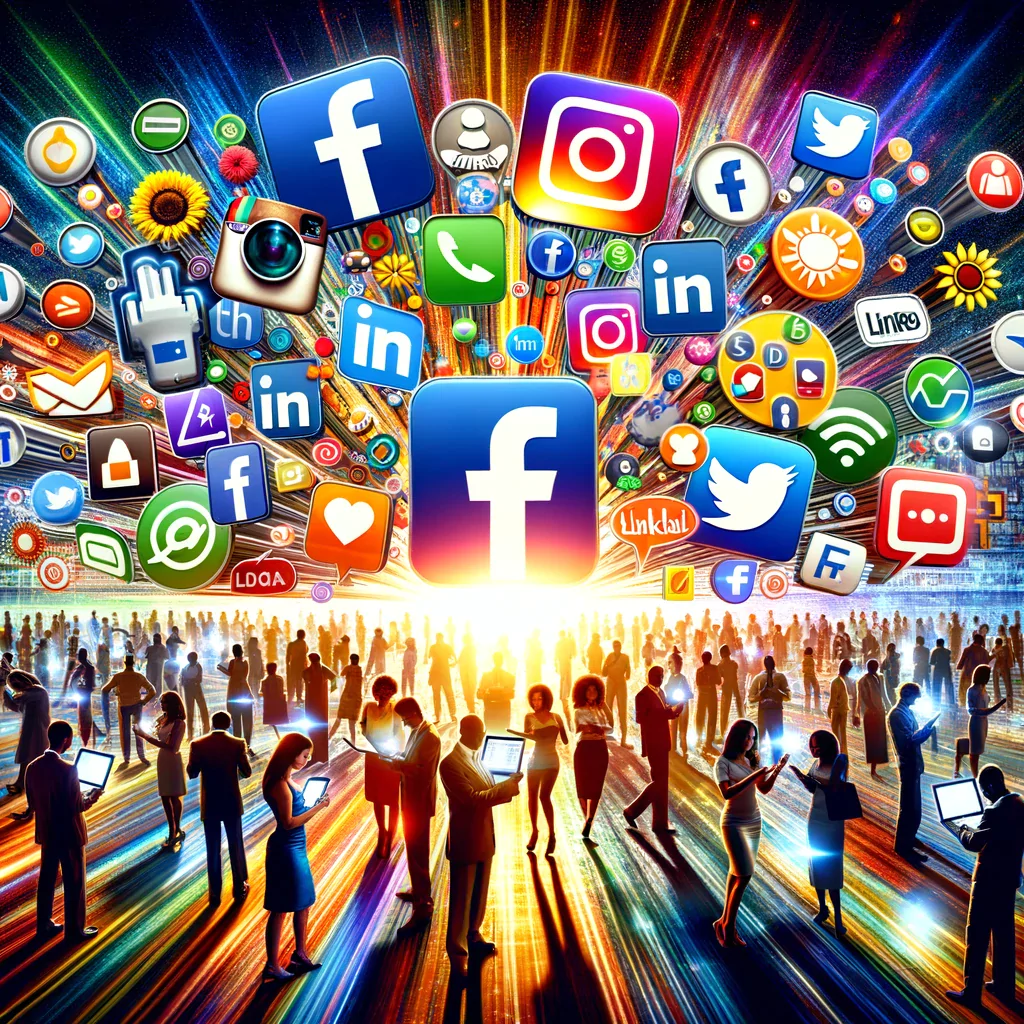 A dynamic image illustrating the transformative impact of digital advertising in Kenya. The foreground is a vibrant collage of logos from key advertising platforms like Facebook, Google Ads, Instagram, and LinkedIn, which radiate energy, morphing into digital marketing elements such as graphs and social media posts. Surrounding this, a diverse group of individuals of various genders and descents, including Kenyan, are actively engaging with digital devices displaying different facets of digital campaigns.