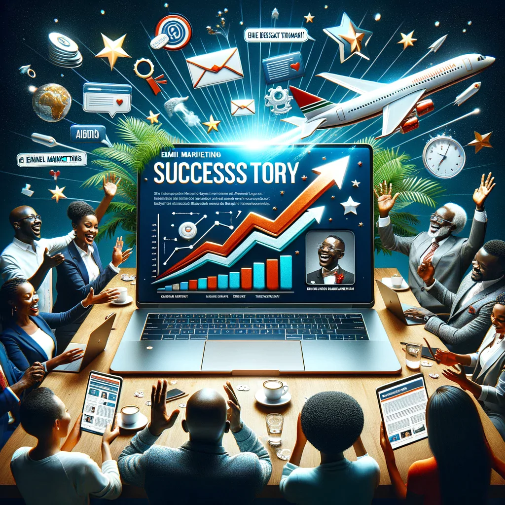 A vibrant image showcasing the success of email marketing in Kenya. In the center, a sleek laptop screen displays a meticulously designed email newsletter with headlines such as 'Success Story' and 'Kenyan Business Triumph'. The newsletter features images of prosperous Kenyan businesses, rising graphs, and positive testimonials. Surrounding the laptop, diverse Kenyan entrepreneurs and business owners express joy and satisfaction as they engage with the content. The atmosphere is further elevated by symbols of success such as shining stars, upward-pointing arrows, and congratulatory badges, all contributing to a sense of accomplishment and victory.