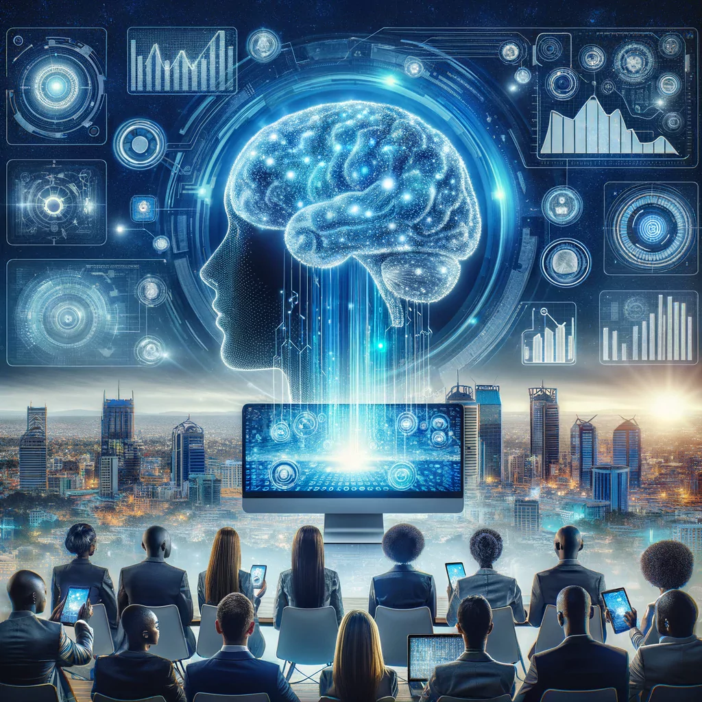 In this image, the transformative power of Artificial Intelligence on Kenya's digital marketing is vividly portrayed. At the center, a sleek computer screen glows softly, displaying an array of AI-driven digital marketing elements such as charts and graphs. Floating above the computer is a futuristic hologram of a brain, made of interconnected digital nodes and neural networks, emitting waves of light and data towards the screen, symbolizing the infusion of AI into marketing strategies. Diverse Kenyan business professionals of various genders and descents observe the scene with expressions of amazement, holding digital devices that mirror the same AI-enhanced data. The background subtly features an abstract skyline of Nairobi's business district, and the entire image is bathed in a palette of blues and cyans, symbolizing technological sophistication and a futuristic vibe.