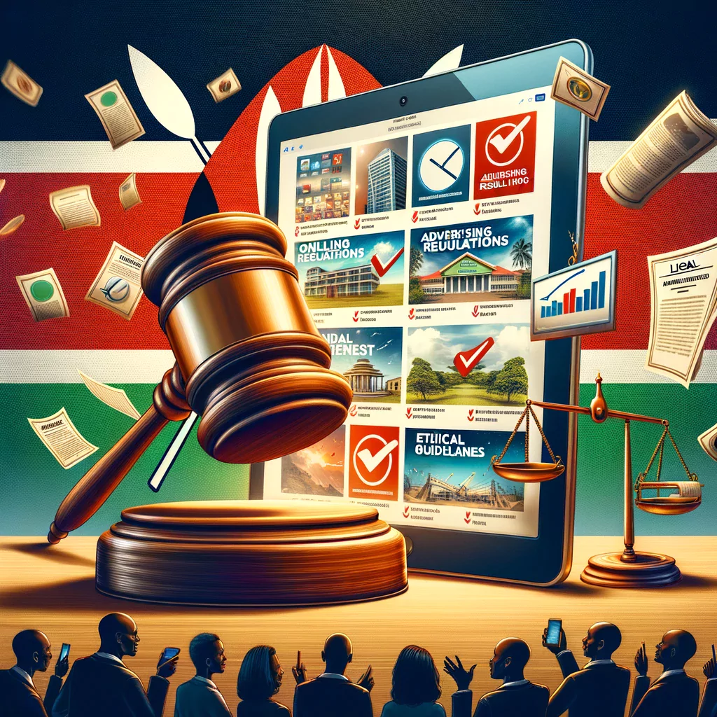 A compelling image illustrating the concept of Online Advertising Regulations in Kenya. A judge's gavel is poised above a digital tablet displaying diverse online ads from sectors such as retail, finance, and tourism. The backdrop features a majestic Kenyan flag, while documents labeled 'Advertising Regulations' and 'Ethical Guidelines', along with symbols like checkmarks and scales of justice, are prominently displayed. Silhouettes of legal professionals and digital marketers engaged in discussion signify collaborative efforts to ensure adherence to regulations. The color scheme harmoniously blends warm tones from the Kenyan flag with cooler, professional blues and grays.