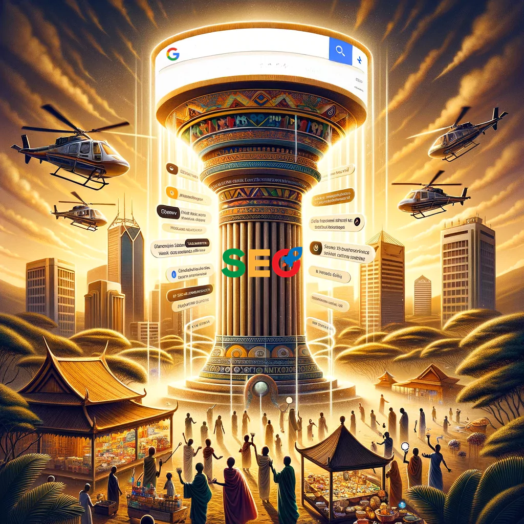 An illustration showcasing the significance of SEO in Kenya's digital marketing ecosystem. A central pillar, artistically fusing traditional Kenyan art and modern digital motifs, is adorned with various SEO elements such as keywords and backlink chains. Surrounding businesses, ranging from local markets and safari lodges to tech startups, are depicted eagerly reaching towards this symbolic pillar. Above, a digital screen displays Google search results featuring queries like 'Local Kenyan Crafts' and 'Tech Startups Nairobi', with the depicted businesses ranking prominently. The Nairobi skyline in the background is intertwined with beams of light emanating from the pillar, representing SEO's transformative influence. The scene is bathed in a warm, golden hue, beautifully juxtaposing traditional Kenyan culture and the modern digital era.  