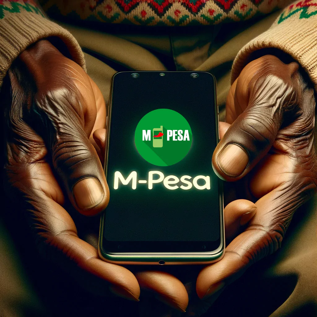 A close-up of a person's hands holding a smartphone displaying the M-Pesa logo illustrates the importance of mobile money and digital platforms in Kenya.